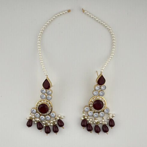 Gold Plated Kundan Bridal Jewelry Set | Maroon Necklace Set | Pearl Wedding Jewelry | Indian Bridal Set | Pakistani Jewelry