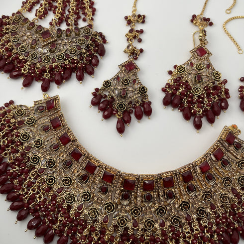 Gold Plated Bridal Jewelry Set | Maroon Kundan Necklace Set | Bridal Set | Pearl Wedding Jewelry | Indian Choker Set (Copy)