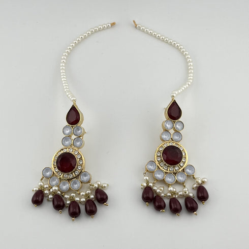 Gold Plated Kundan Bridal Jewelry Set | Maroon Necklace Set | Pearl Wedding Jewelry | Indian Bridal Set | Pakistani Jewelry