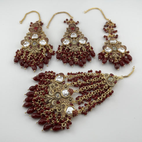 Gold Plated Bridal Jewelry Set | Maroon Kundan Necklace Set | Bridal Set | Pearl Wedding Jewelry | Indian Choker Set
