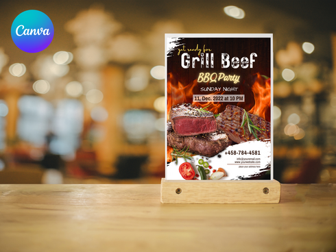 Grill Beef BBQ Party Flyer Editable Canva Template Summer Cookout Invitation Food Event Poster Barbecue Party Digital Download