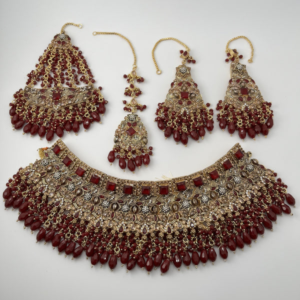 Gold Plated Bridal Jewelry Set | Maroon Kundan Necklace Set | Bridal Set | Pearl Wedding Jewelry | Indian Choker Set (Copy) (Copy)