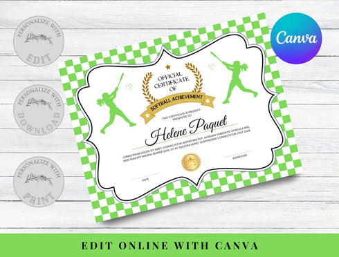 Softball Certificate Template, Editable Canva Award, Printable Sports Certificate, Kids Softball Achievement & Team Award