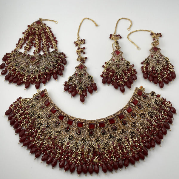 Gold Plated Bridal Jewelry Set | Maroon Kundan Necklace Set | Bridal Set | Pearl Wedding Jewelry | Indian Choker Set (Copy)