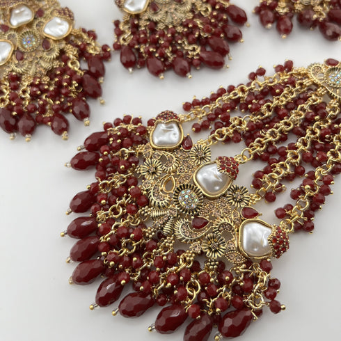 Gold Plated Bridal Jewelry Set | Maroon Kundan Necklace Set | Bridal Set | Pearl Wedding Jewelry | Indian Choker Set