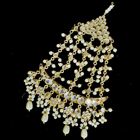 White Furshi Kundan Jhumar | Gold Plated Pearl Bridal Hair Accessory