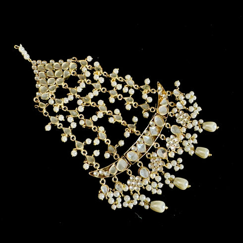White Furshi Kundan Jhumar | Gold Plated Pearl Bridal Hair Accessory