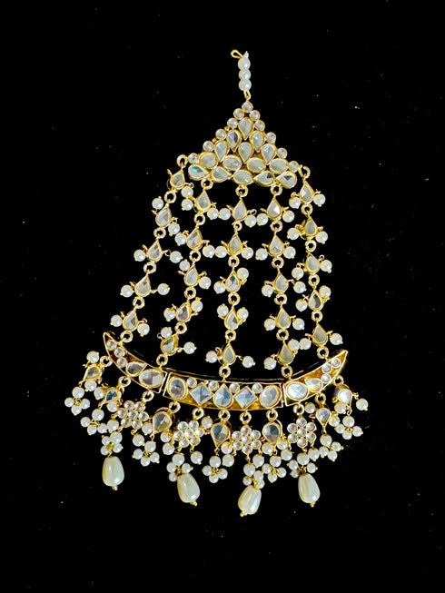 White Furshi Kundan Jhumar | Gold Plated Pearl Bridal Hair Accessory
