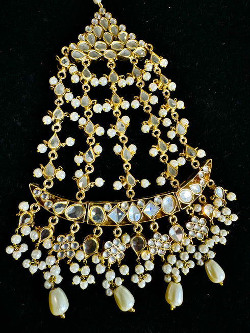 White Furshi Kundan Jhumar | Gold Plated Pearl Bridal Hair Accessory