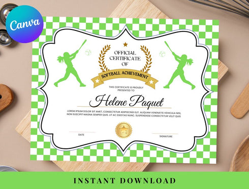 Softball Certificate Template, Editable Canva Award, Printable Sports Certificate, Kids Softball Achievement & Team Award