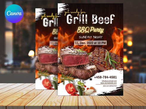 Grill Beef BBQ Party Flyer Editable Canva Template Summer Cookout Invitation Food Event Poster Barbecue Party Digital Download