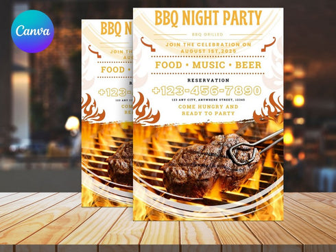 BBQ Night Party Flyer, DIY Canva BBQ Night Flyer Template, Editable Social Media Flyer Template for Barbecue Night, BBQ Party Flyer