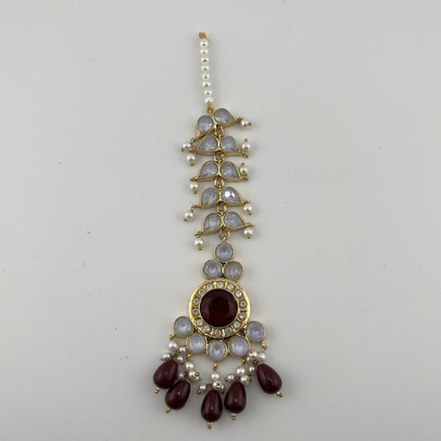 Gold Plated Kundan Bridal Jewelry Set | Maroon Necklace Set | Pearl Wedding Jewelry | Indian Bridal Set | Pakistani Jewelry