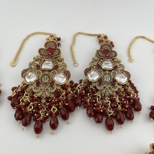Gold Plated Bridal Jewelry Set | Maroon Kundan Necklace Set | Bridal Set | Pearl Wedding Jewelry | Indian Choker Set