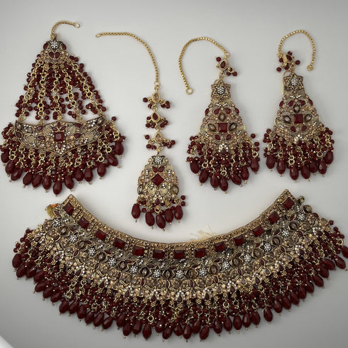 Gold Plated Bridal Jewelry Set | Maroon Kundan Necklace Set | Bridal Set | Pearl Wedding Jewelry | Indian Choker Set (Copy) (Copy)