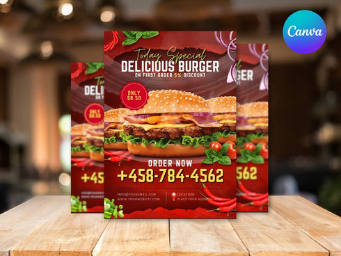Delicious Burger Flyer, Editable Food Flyer, Printable Restaurant Promotion, Burger Sale, Fast Food Menu Marketing, Burger Flyer