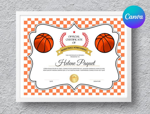 Basketball Certificate Template, Editable Canva Award, Printable Sports Certificate, Kids Team Achievement & Participation Award