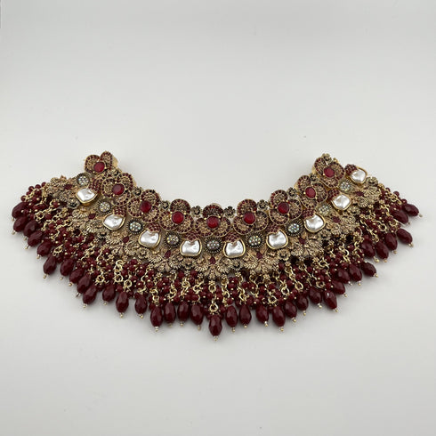 Gold Plated Bridal Jewelry Set | Maroon Kundan Necklace Set | Bridal Set | Pearl Wedding Jewelry | Indian Choker Set