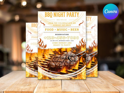 BBQ Night Party Flyer, DIY Canva BBQ Night Flyer Template, Editable Social Media Flyer Template for Barbecue Night, BBQ Party Flyer