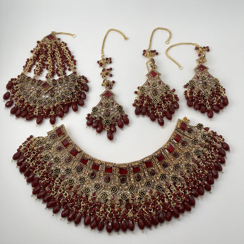 Gold Plated Bridal Jewelry Set | Maroon Kundan Necklace Set | Bridal Set | Pearl Wedding Jewelry | Indian Choker Set (Copy)