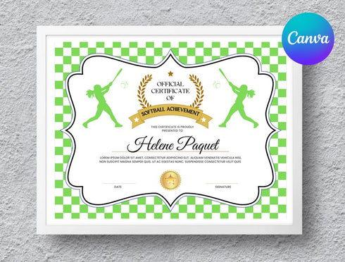 Softball Certificate Template, Editable Canva Award, Printable Sports Certificate, Kids Softball Achievement & Team Award