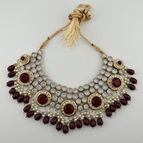 Gold Plated Kundan Bridal Jewelry Set | Maroon Necklace Set | Pearl Wedding Jewelry | Indian Bridal Set | Pakistani Jewelry
