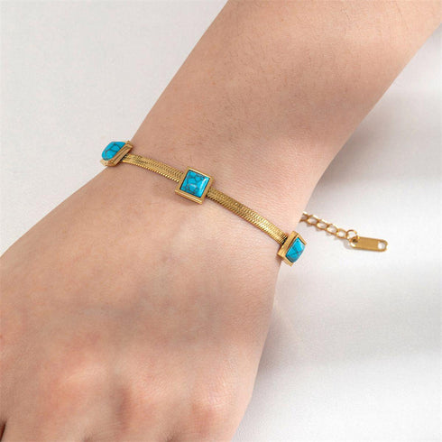 Turquoise Stone Bracelet | Golden Premium Stainless Steel Bracelet | Snake Chain Bracelet | Women Bracelet | Adjustable Jewelry Gift