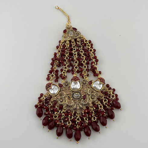 Gold Plated Bridal Jewelry Set | Maroon Kundan Necklace Set | Bridal Set | Pearl Wedding Jewelry | Indian Choker Set