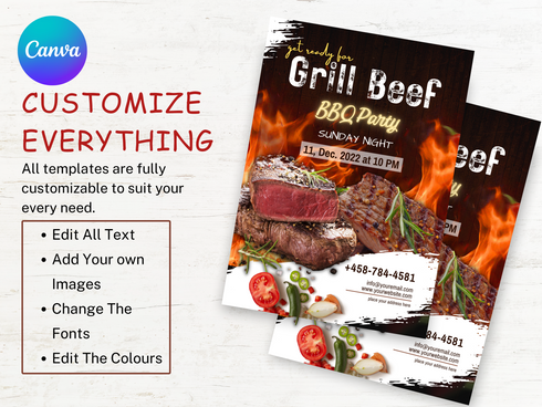 Grill Beef BBQ Party Flyer Editable Canva Template Summer Cookout Invitation Food Event Poster Barbecue Party Digital Download