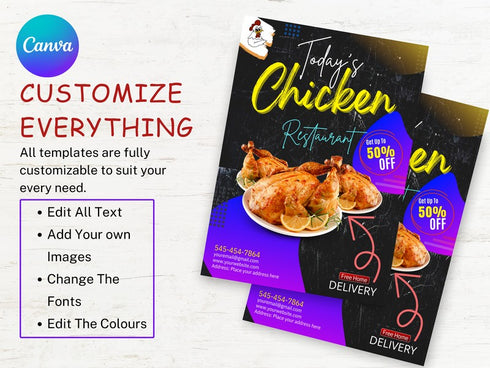 Today’s Chicken Restaurant Flyer Template, Chicken Promo Poster, Fast Food Restaurant Flyer, Editable Canva, Digital Download