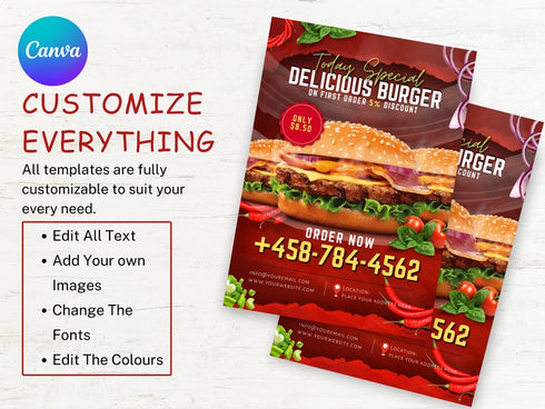 Delicious Burger Flyer, Editable Food Flyer, Printable Restaurant Promotion, Burger Sale, Fast Food Menu Marketing, Burger Flyer