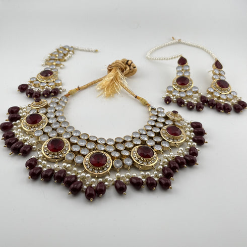 Gold Plated Kundan Bridal Jewelry Set | Maroon Necklace Set | Pearl Wedding Jewelry | Indian Bridal Set | Pakistani Jewelry