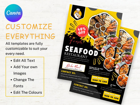 Seafood Flyer Template, Editable Food Flyer, Printable Restaurant Promotion, Fish & Seafood Sale, Fast Food Marketing PDF