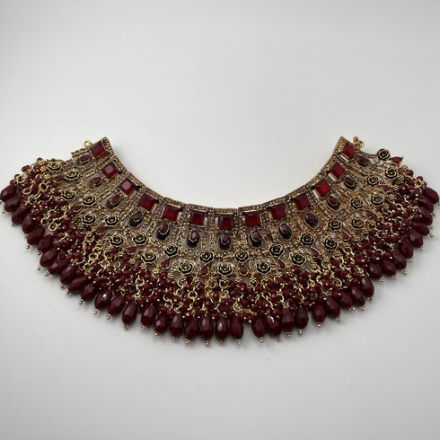Gold Plated Bridal Jewelry Set | Maroon Kundan Necklace Set | Bridal Set | Pearl Wedding Jewelry | Indian Choker Set (Copy)