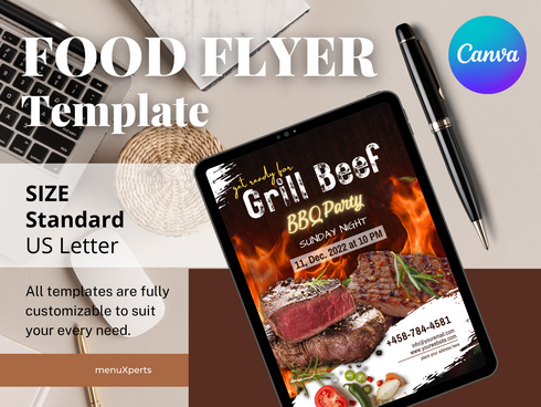 Grill Beef BBQ Party Flyer Editable Canva Template Summer Cookout Invitation Food Event Poster Barbecue Party Digital Download