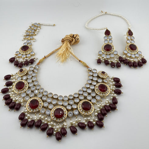 Gold Plated Kundan Bridal Jewelry Set | Maroon Necklace Set | Pearl Wedding Jewelry | Indian Bridal Set | Pakistani Jewelry