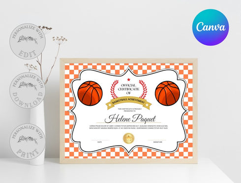 Basketball Certificate Template, Editable Canva Award, Printable Sports Certificate, Kids Team Achievement & Participation Award