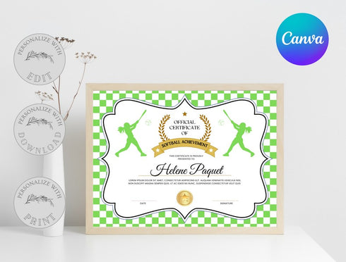 Softball Certificate Template, Editable Canva Award, Printable Sports Certificate, Kids Softball Achievement & Team Award