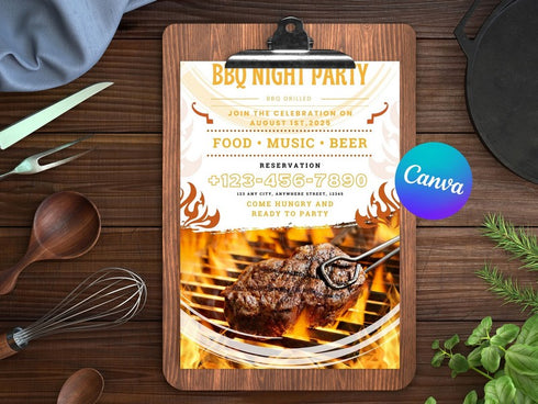 BBQ Night Party Flyer, DIY Canva BBQ Night Flyer Template, Editable Social Media Flyer Template for Barbecue Night, BBQ Party Flyer