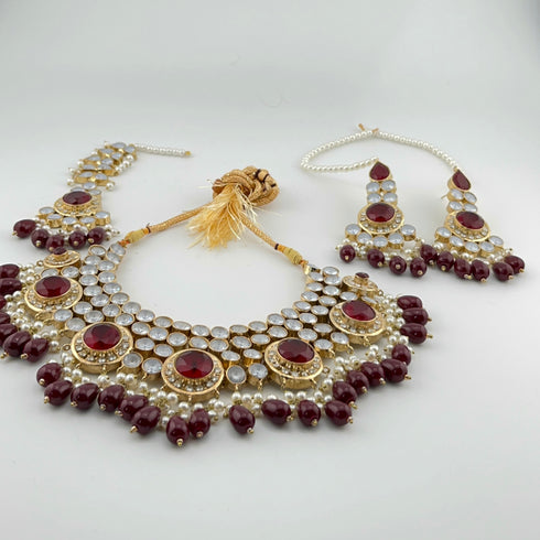 Gold Plated Kundan Bridal Jewelry Set | Maroon Necklace Set | Pearl Wedding Jewelry | Indian Bridal Set | Pakistani Jewelry