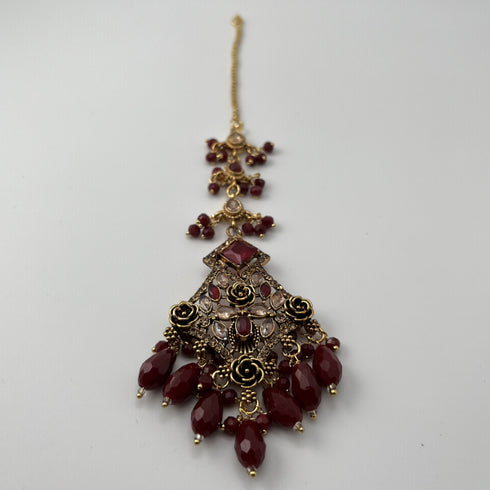 Gold Plated Bridal Jewelry Set | Maroon Kundan Necklace Set | Bridal Set | Pearl Wedding Jewelry | Indian Choker Set (Copy)