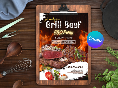 Grill Beef BBQ Party Flyer Editable Canva Template Summer Cookout Invitation Food Event Poster Barbecue Party Digital Download