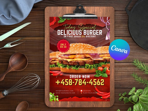 Delicious Burger Flyer, Editable Food Flyer, Printable Restaurant Promotion, Burger Sale, Fast Food Menu Marketing, Burger Flyer