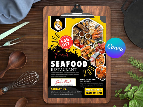 Seafood Flyer Template, Editable Food Flyer, Printable Restaurant Promotion, Fish & Seafood Sale, Fast Food Marketing PDF