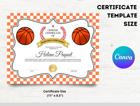 Basketball Certificate Template, Editable Canva Award, Printable Sports Certificate, Kids Team Achievement & Participation Award