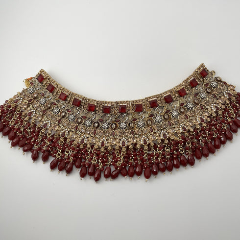 Gold Plated Bridal Jewelry Set | Maroon Kundan Necklace Set | Bridal Set | Pearl Wedding Jewelry | Indian Choker Set (Copy) (Copy)