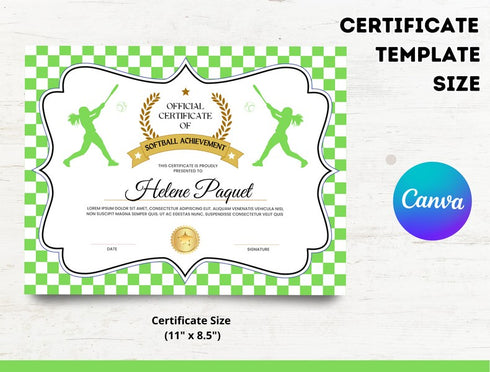 Softball Certificate Template, Editable Canva Award, Printable Sports Certificate, Kids Softball Achievement & Team Award