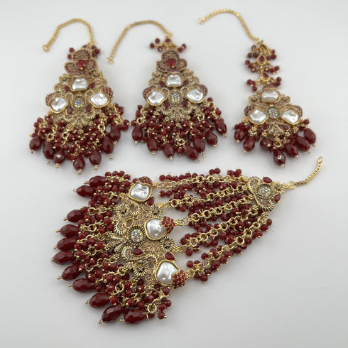 Gold Plated Bridal Jewelry Set | Maroon Kundan Necklace Set | Bridal Set | Pearl Wedding Jewelry | Indian Choker Set