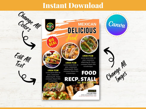 Mexican Food Flyer, DIY Canva Mexican Food Flyer Template, Editable US Letter Size Flyer for Mexican Food, Delicious Food Flyer Template