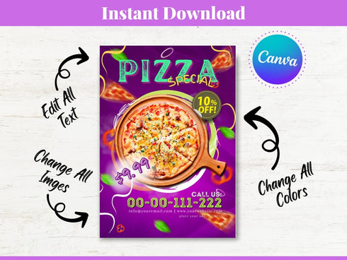 Pizza Flyer Template, Editable Food Flyer, Printable Restaurant Promotion, Pizza Sale, Fast Food Marketing PDF, Digital Flyer